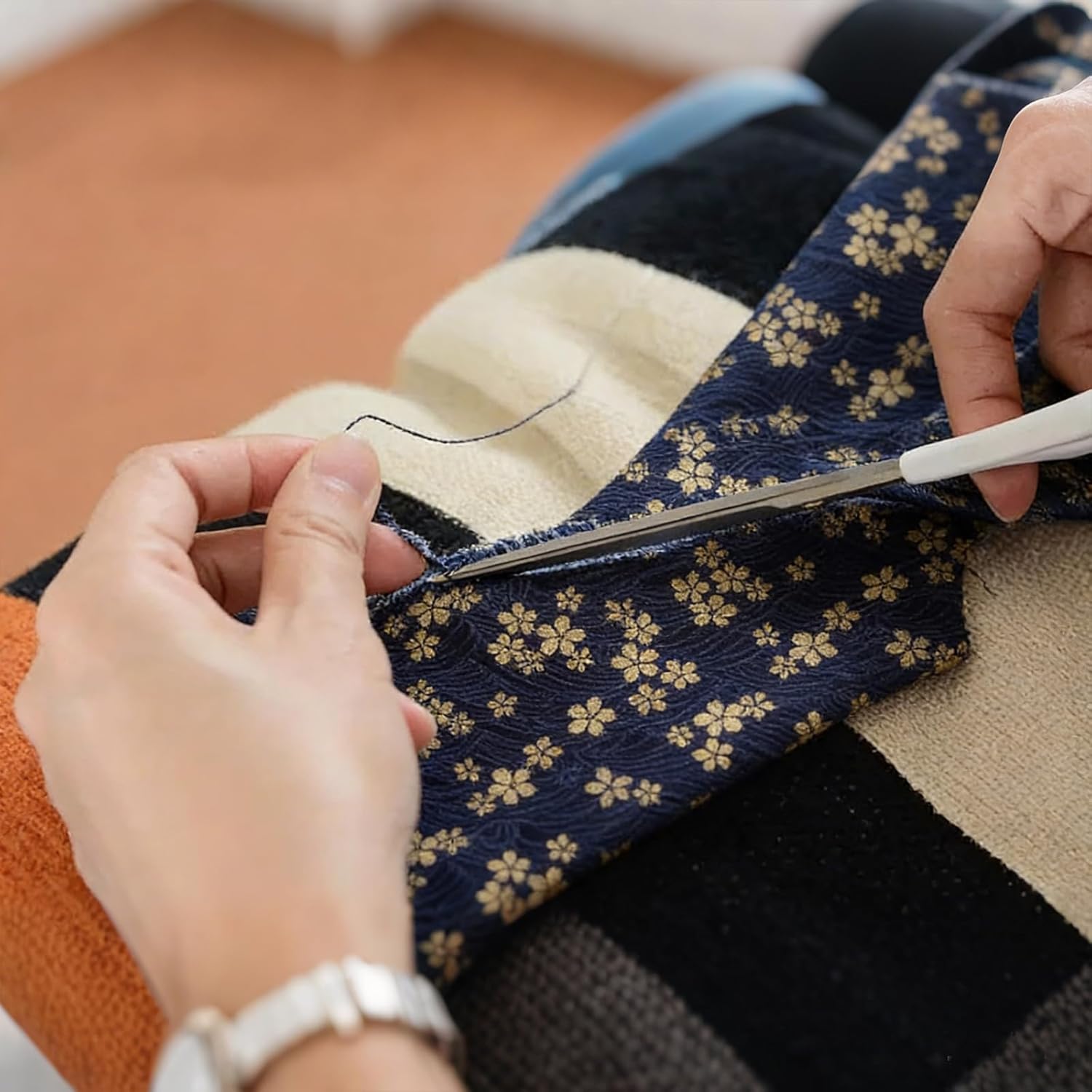 1 Yard59 Inch Blue Japanese Cotton Fabric Sakura Quilting Bundles Gold Cherry Blossoms and Waves Print for Sewing Clothing Bag Tablecloth Sofa Pillow DIY Craft