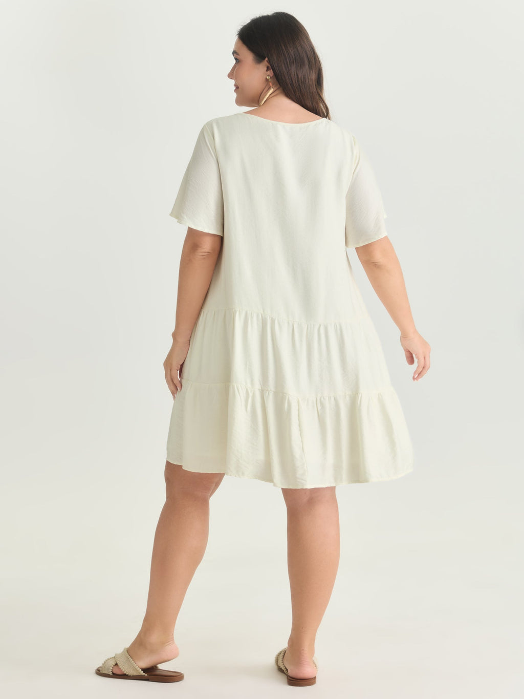 Lace Drawstring Neckline Tiered Mini Dress