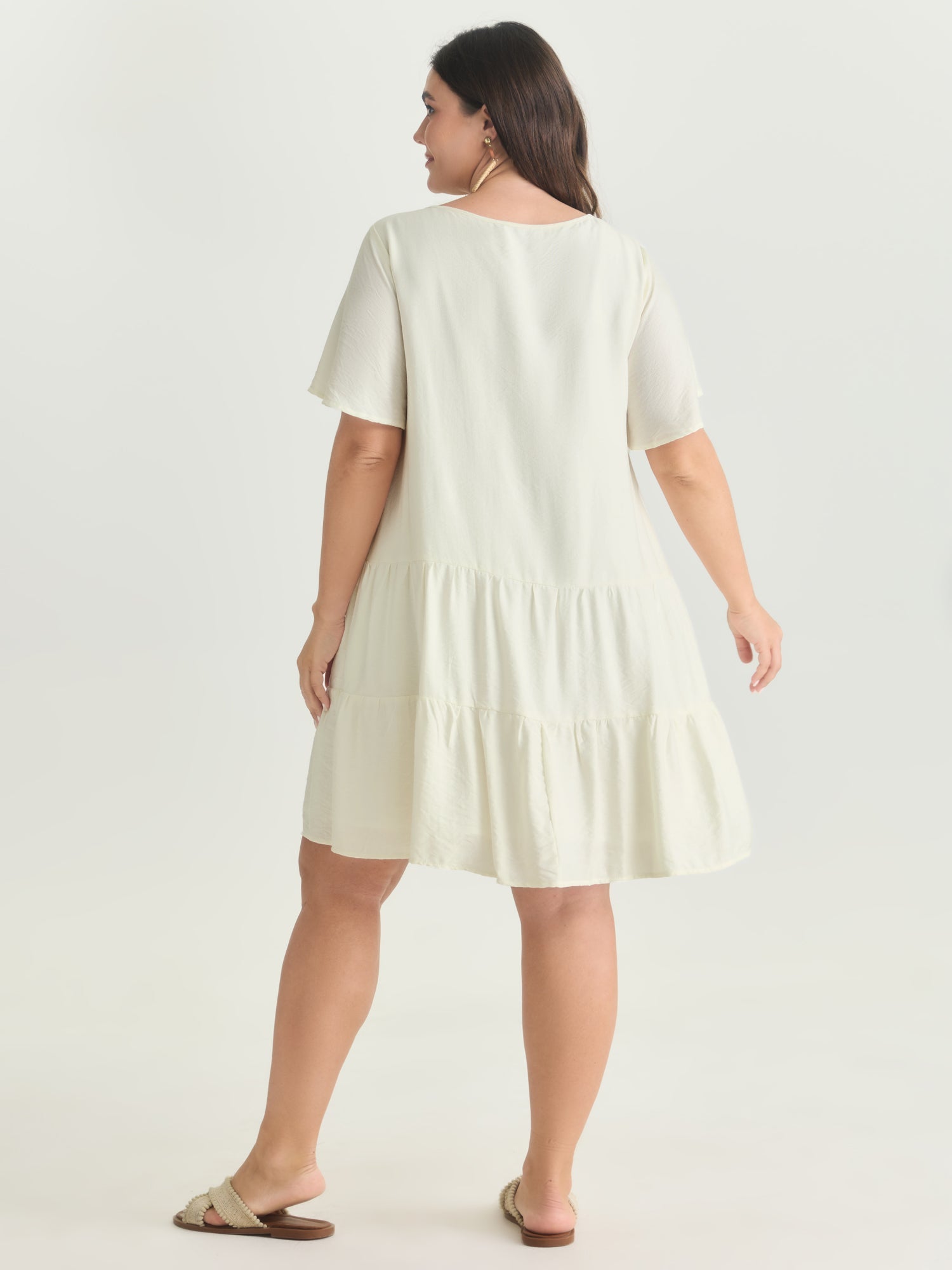 Lace Drawstring Neckline Tiered Mini Dress