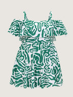Geometric Print Cold-Shoulder Swim Dress