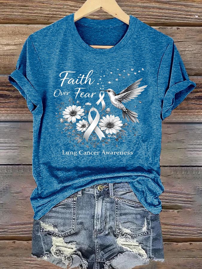Women'S Casual "Faith Over Fear" Lung Cancer Awareness Printed Short-Sleeve T-Shirt