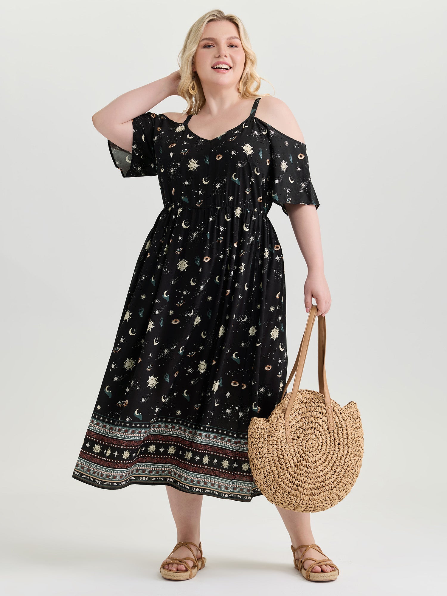 Starry Night Cold-Shoulder Flowy Midi Dress