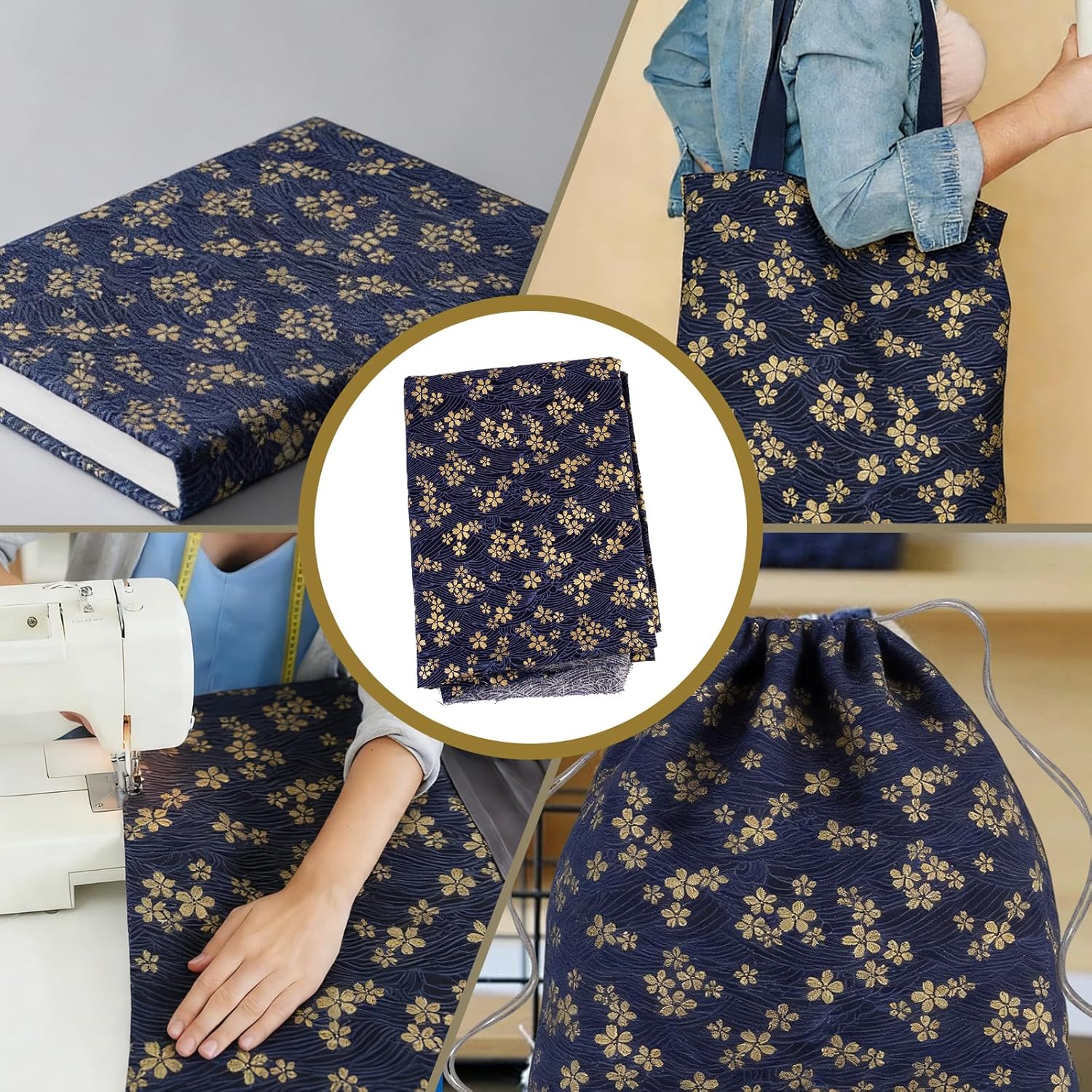 1 Yard59 Inch Blue Japanese Cotton Fabric Sakura Quilting Bundles Gold Cherry Blossoms and Waves Print for Sewing Clothing Bag Tablecloth Sofa Pillow DIY Craft