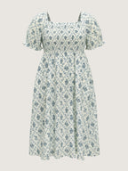 Floral Print Shirred Bodice Flowy Midi Dress