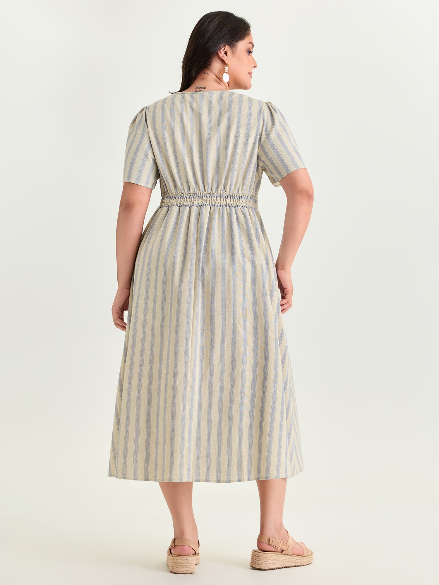 Monochrome Striped Print Split Neck Midi Dress