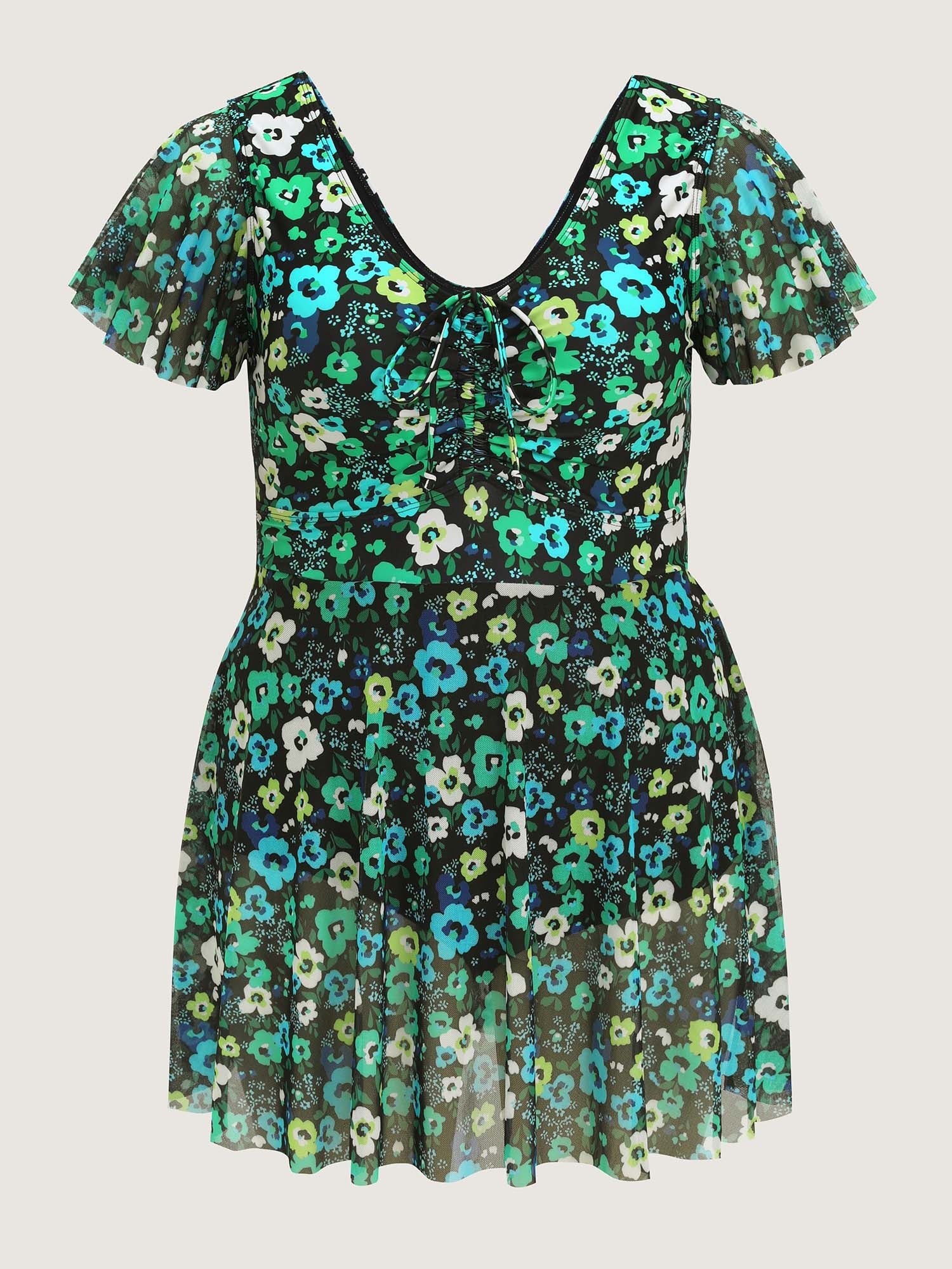 Floral Mesh Tie Front Swim Dress