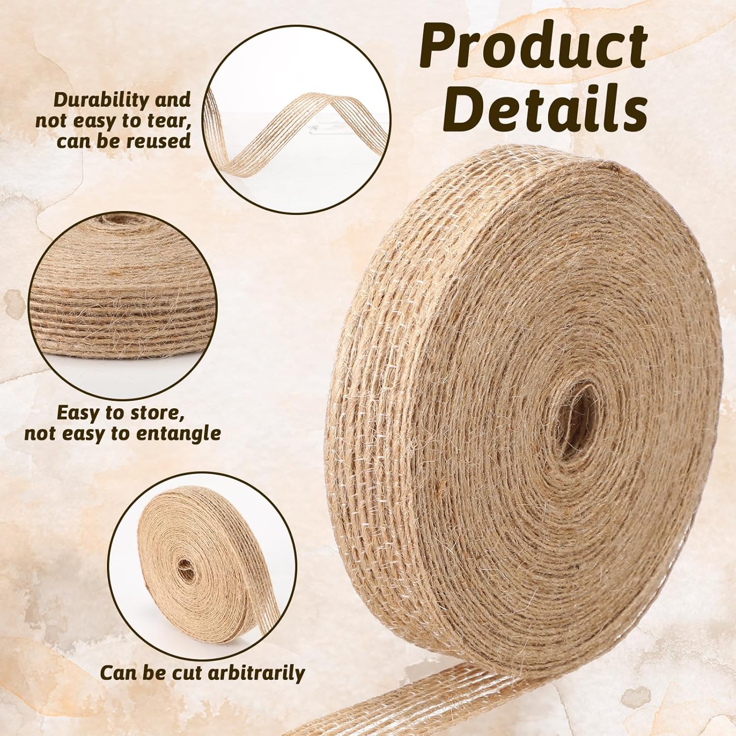 5 Rolls Natural Burlap Fabric Ribbon, 1/4 Inch Tan Jute Linen Ribbon Rolls Decorative Cloth Ribbons for Gift Wrapping, Christmas Party Decoration, DIY Crafts