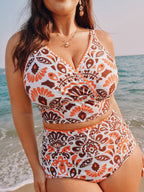 Geometric Embroidered Surplice Neckline Swim Top