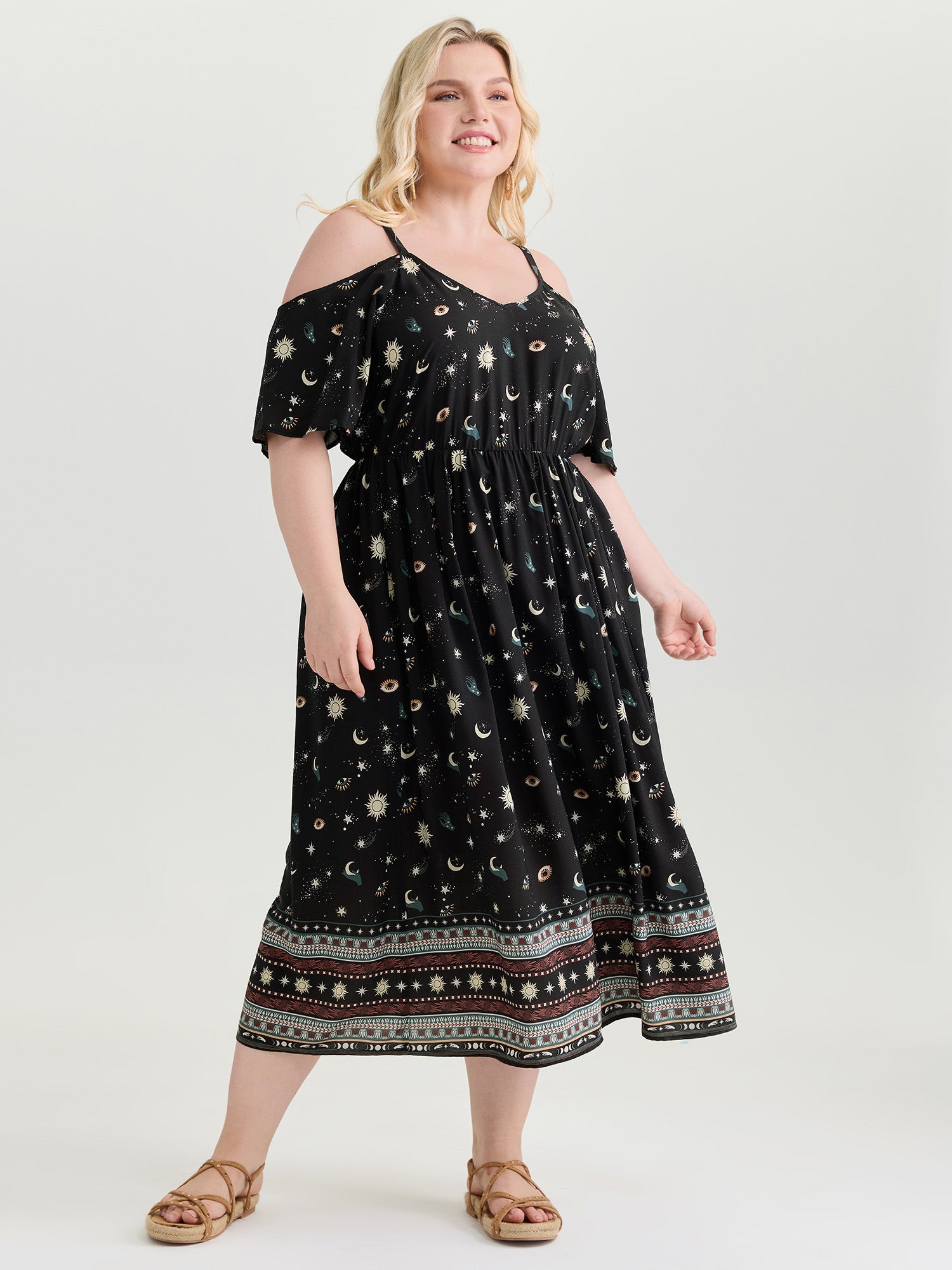 Starry Night Cold-Shoulder Flowy Midi Dress