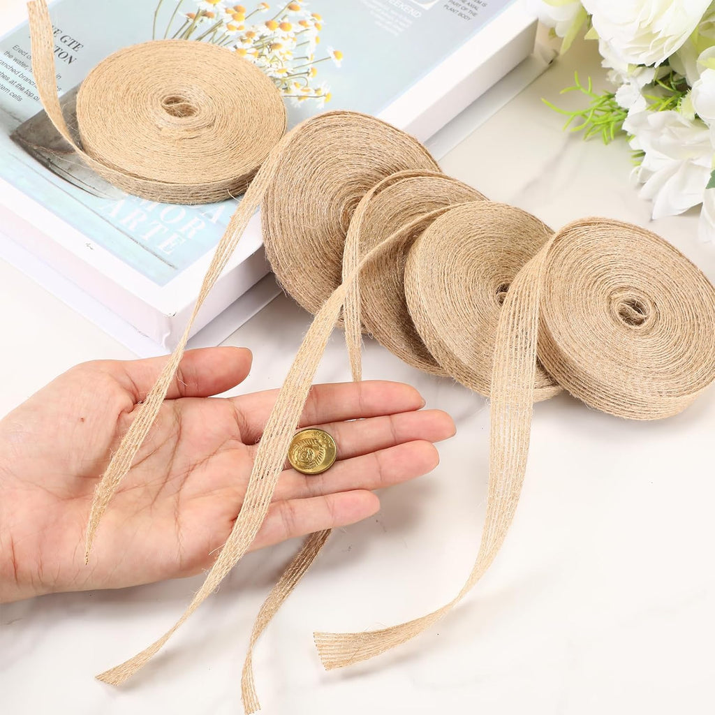 5 Rolls Natural Burlap Fabric Ribbon, 1/4 Inch Tan Jute Linen Ribbon Rolls Decorative Cloth Ribbons for Gift Wrapping, Christmas Party Decoration, DIY Crafts