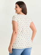 Rose Print V-Neck Knit Top