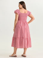 Cotton Gingham Print Shirred Bodice Midi Dress
