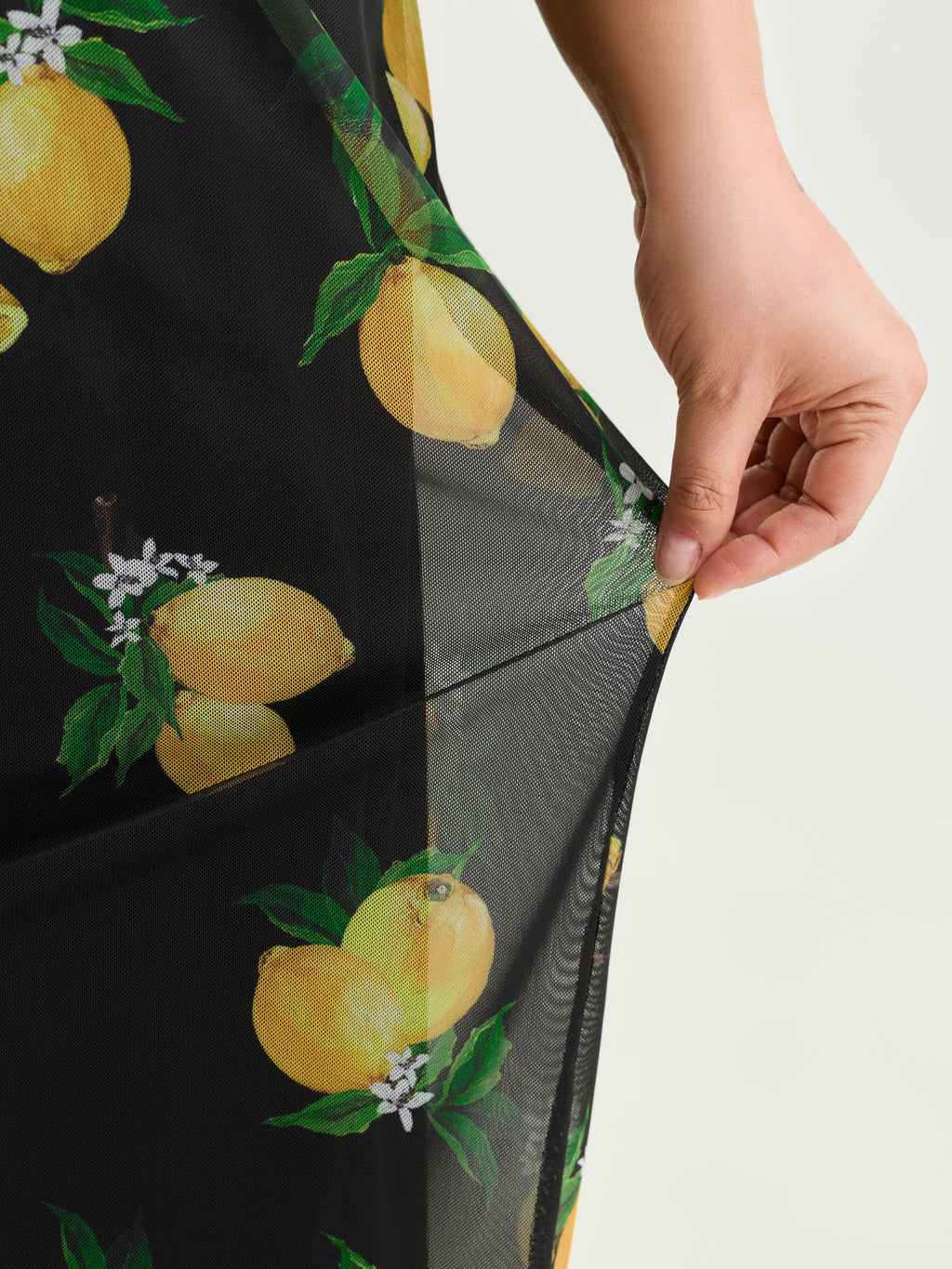 Lemon Print Stretchy Mesh Knit Midi Dress