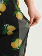 Lemon Print Stretchy Mesh Knit Midi Dress