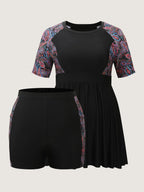Floral Color Contrast Pockets Swim Dress
