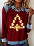Women's Casual Faith Print Denim Patchwork Sweatshirt