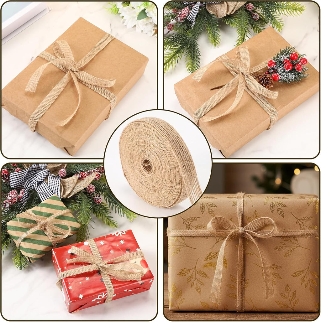 5 Rolls Natural Burlap Fabric Ribbon, 1/4 Inch Tan Jute Linen Ribbon Rolls Decorative Cloth Ribbons for Gift Wrapping, Christmas Party Decoration, DIY Crafts