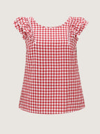Gingham Print Layered Flutter Sleeve Blouse