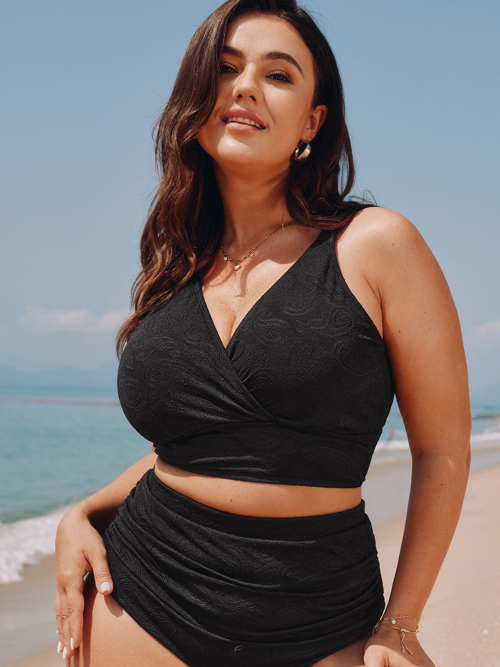 Paisley Textured Surplice Neckline Swim Top