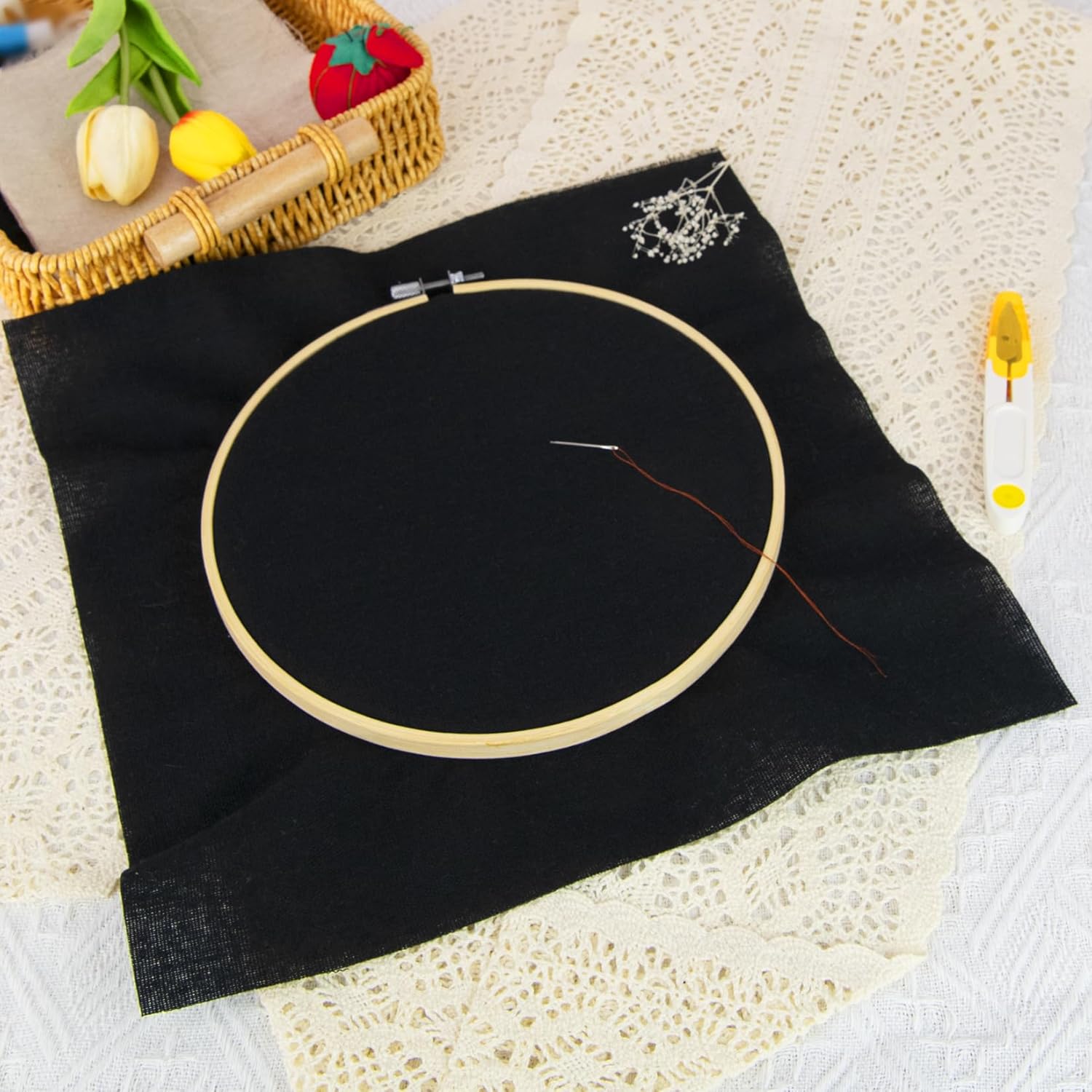 20 PCS Linen Embroidery Fabric, Pre-Cut Solid Color 5 Different Sizes 5.9 to 19.6inch Embroidery Cloth Fabric Squares, Needlework Sewing Quilting Cloth for DIY Garment Crafts Project, Black