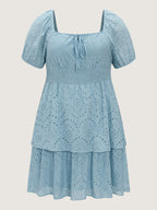 Eyelet Embroidered Cinched Waist Mini Dress