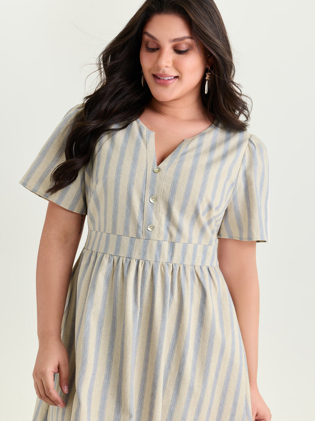 Monochrome Striped Print Split Neck Midi Dress