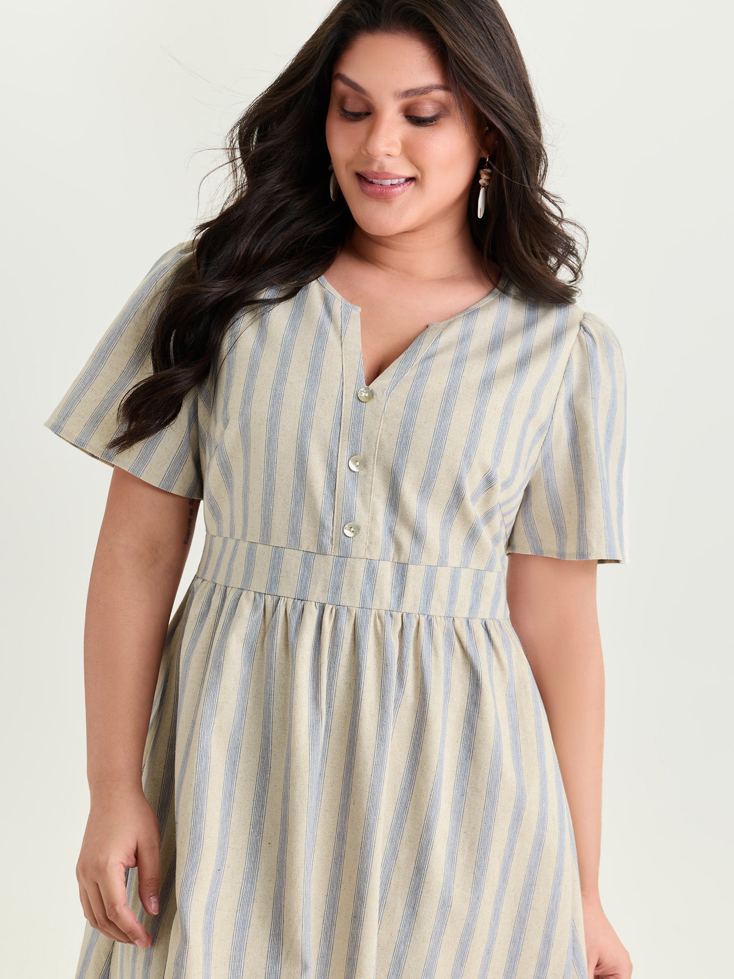 Monochrome Striped Print Split Neck Midi Dress