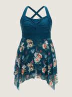 Floral Print Pockets Contrast Swim Dress