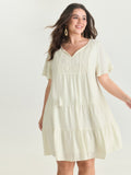 Lace Drawstring Neckline Tiered Mini Dress