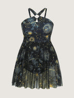 Galaxy Print Halter Neckline Swim Dress