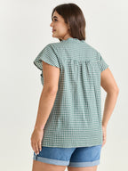 Cotton Check Print Ruffled Sleeve Blouse