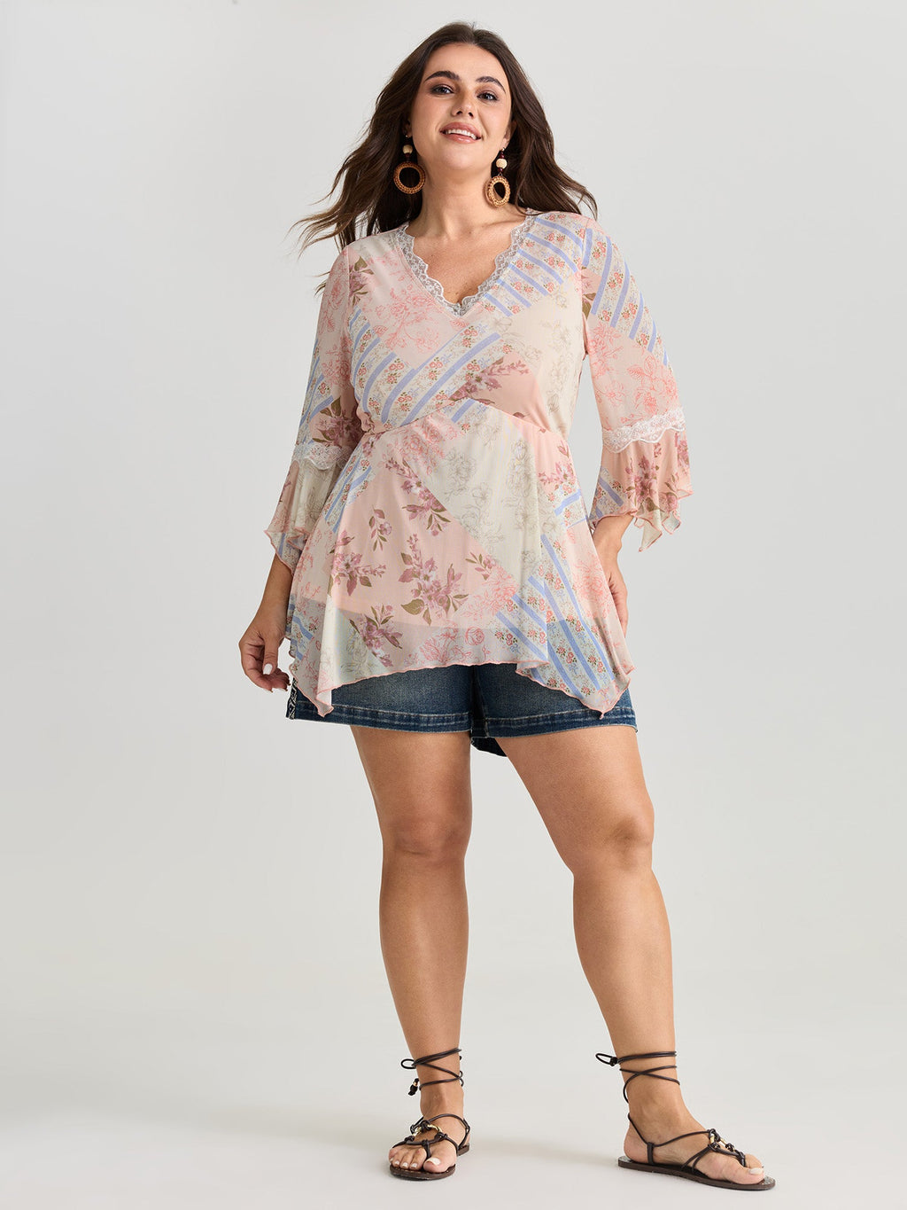 Floral Print Lace Asymmetrical Hem Blouse