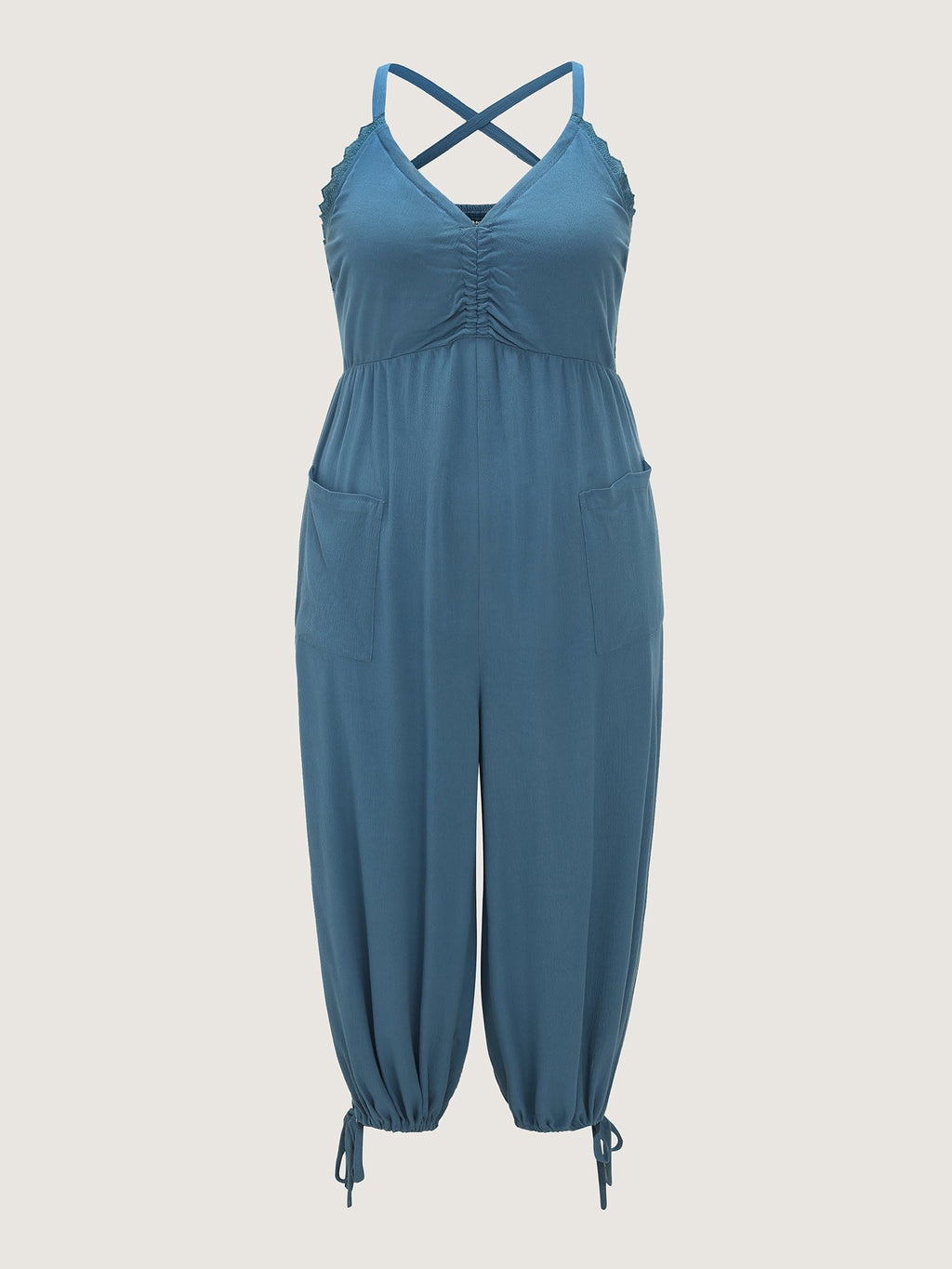 Ruched Front Crisscross Back Tie Jumpsuit