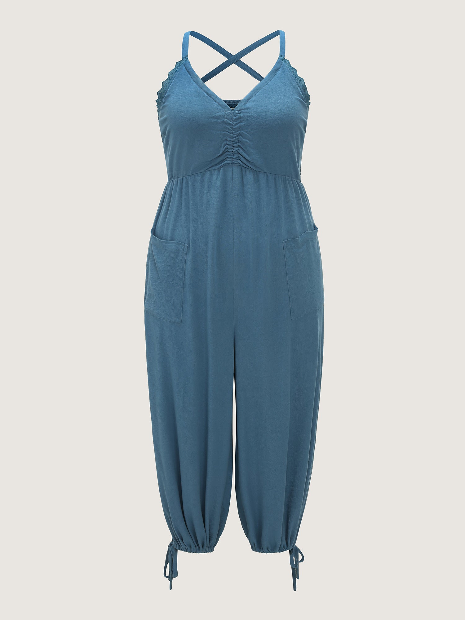 Ruched Front Crisscross Back Tie Jumpsuit