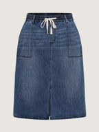 Stretchy Contrast Drawstring Waist Midi Denim Skirt