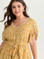 Floral Print V-Neck Petal Sleeve Midi Dress