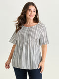 Cotton Striped Print Textured Flared Sleeve Blouse