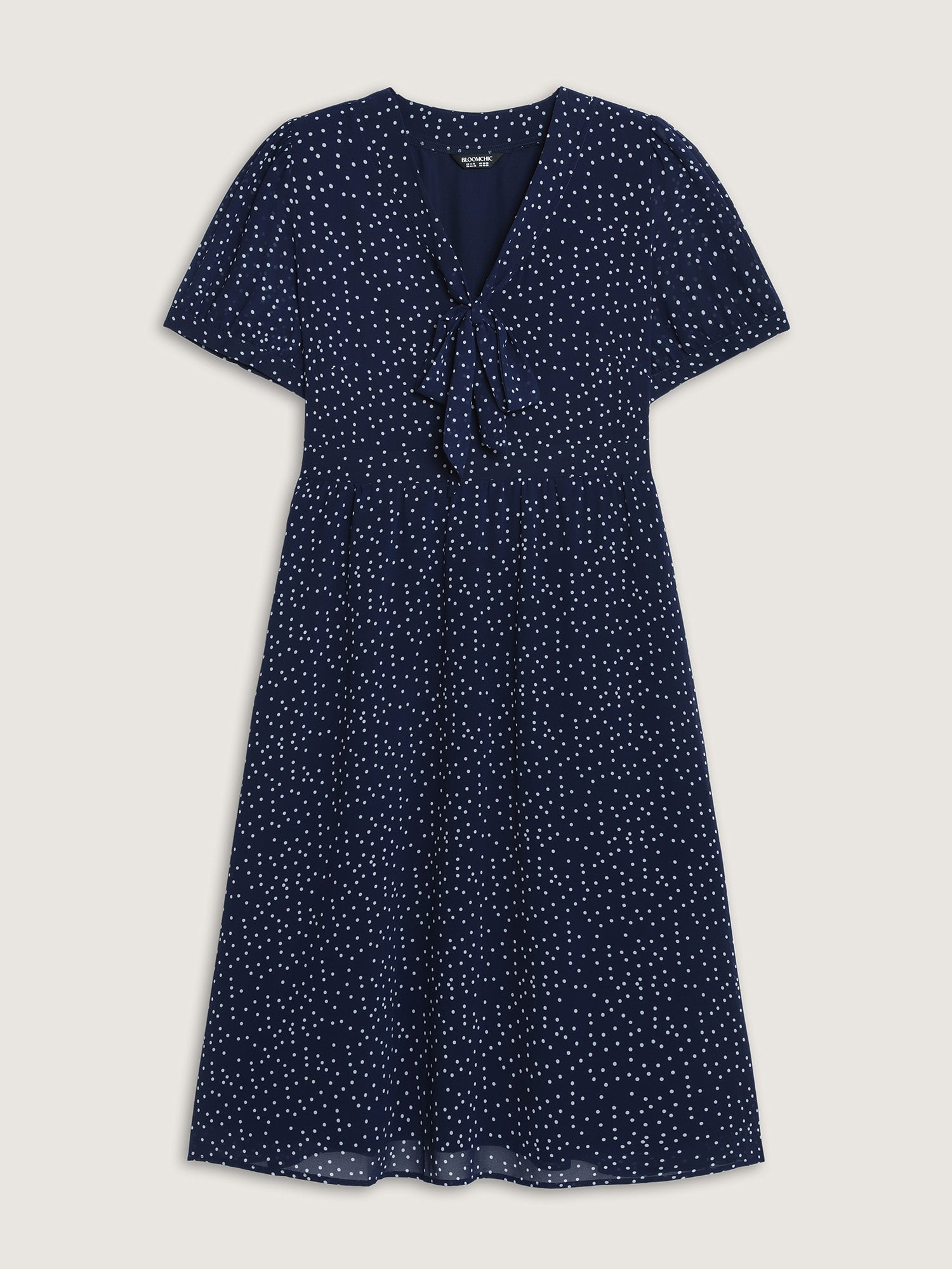 Pretty Polka Dots Ribbon Neckline Midi Dress