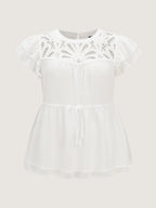 Cut Out Floral Neckline Plain Blouse