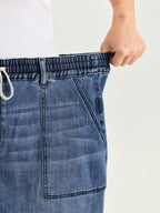 Stretchy Contrast Drawstring Waist Midi Denim Skirt