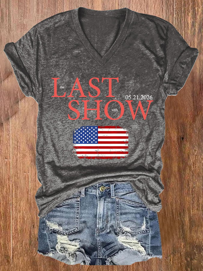 V-Neck Retro Last Show Print T-Shirt