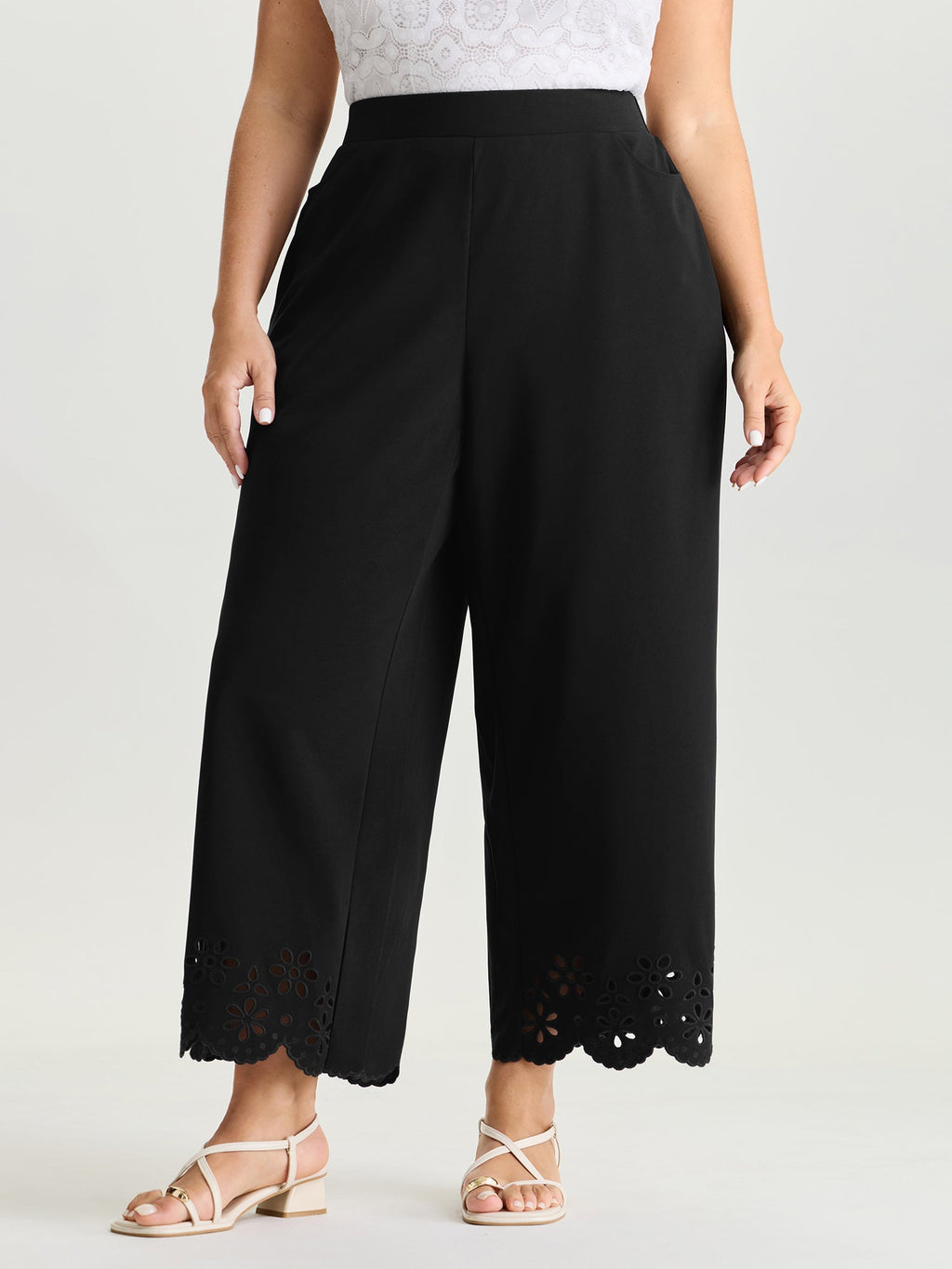 Cut-Out Embroidered Hem Plain Pants