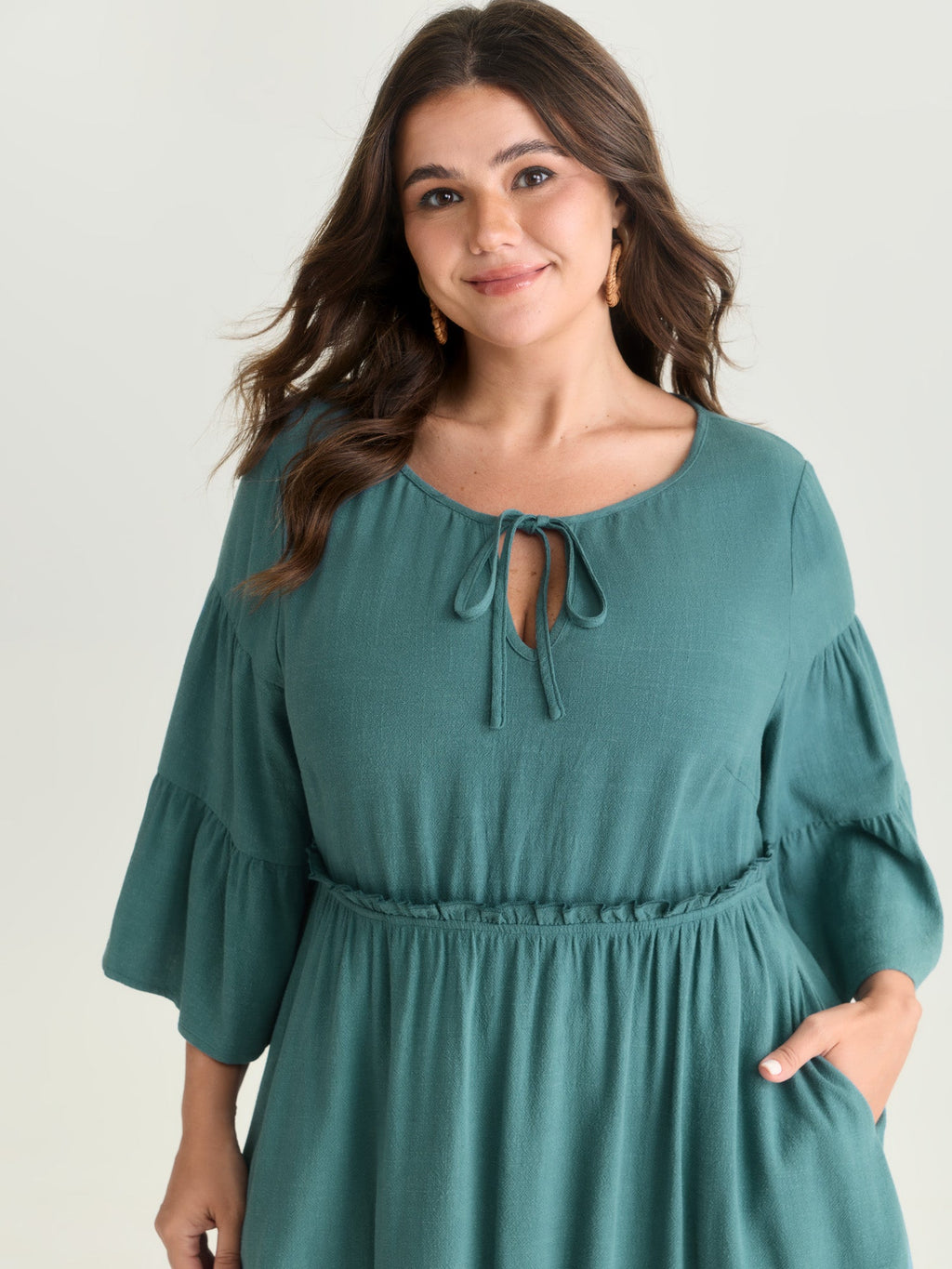 Tiered Sleeve Drawstring Neckline Mini Dress