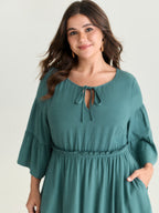 Tiered Sleeve Drawstring Neckline Mini Dress