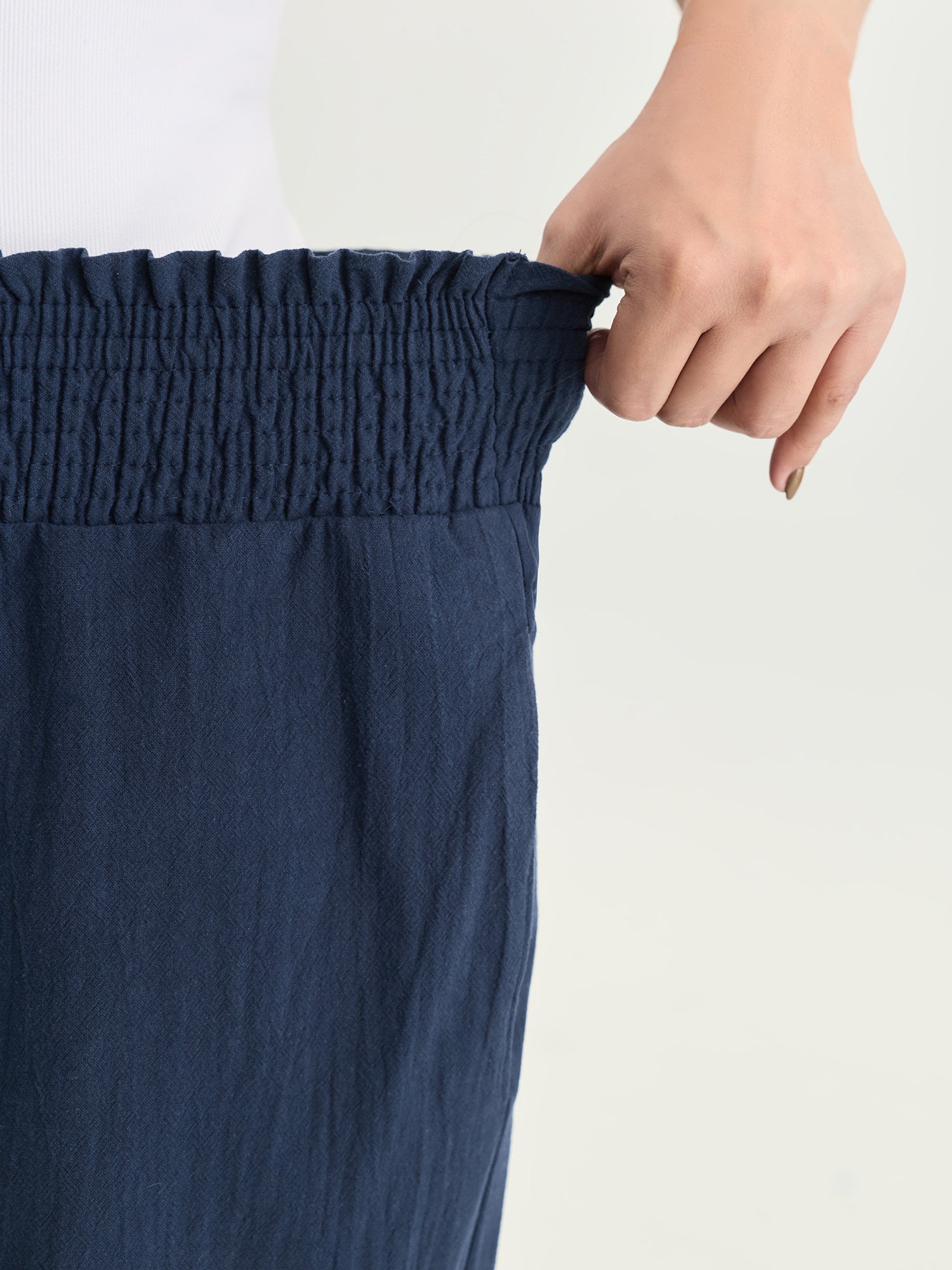Cotton Wide Shirred Waistband Lace Hem Pants