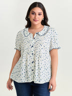 Floral Embroidery Pleated Button-Front Blouse