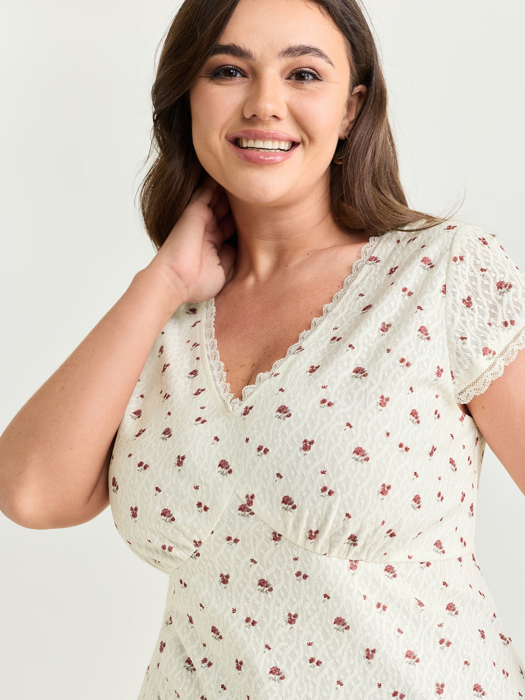 Rose Print V-Neck Knit Top