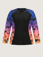 Tropical Color Contrast Print Zipper Front Swim Top