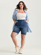Stretchy Pull-On High Waist Pockets Denim Shorts