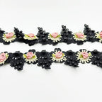 1 Yard Vintage Pearl Beads Rose Flowers Embroidered Lace Edge Trim Fabric Floral Appliques Lace Ribbon Bridal Handmade Sewing Craft for Wedding Bridal Dress Clothes Hat Decoration (Black)